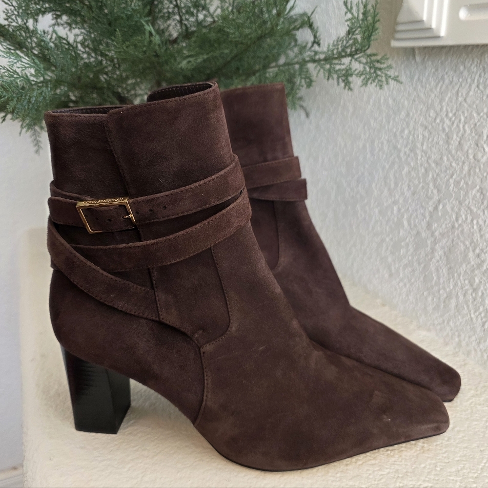 Good American Chocolate Brown Suede Ankle Boots Block Heel Size 8